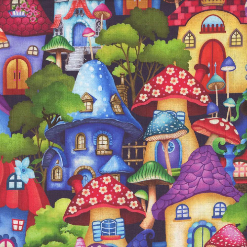 Henry Glass Fabrics Down the Fairy Path Color Principle Royal Multi Fairy Houses, colorful whimsical fairy tale mushroom houses with vibrant hues and floral details.