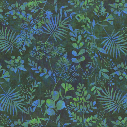 Henry Glass Fabrics Down the Fairy Path Color Principle Forest Teal Fern Silhouettes, fabric with lush green and blue botanical fern and leaf silhouettes on a dark background.