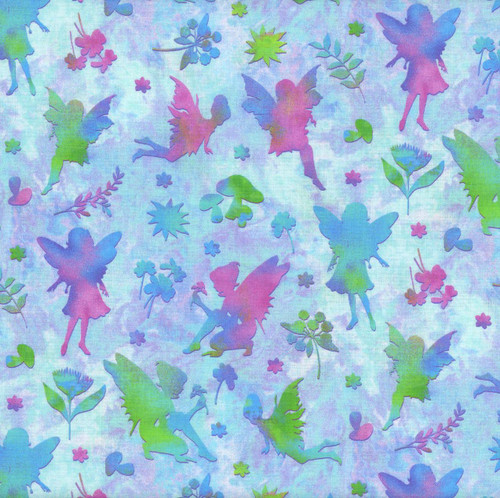 Henry Glass Fabrics Down the Fairy Path Color Principle Light Blue Fairy Silhouette, light blue background with colorful fairy, flower and leaf silhouettes.