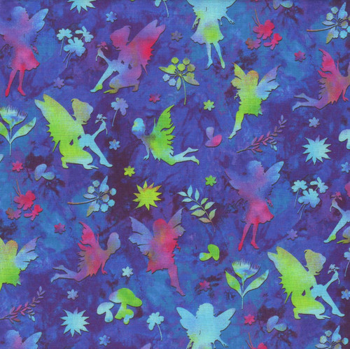 Henry Glass Fabrics Down the Fairy Path Color Principle Royal Multi Fairy Silhouette, colorful fairy and floral silhouette print on a vibrant blue background.