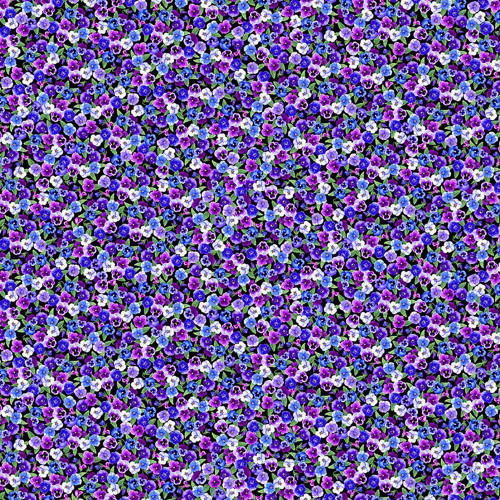 Timeless Treasures Fabrics Pansy Perfection Chong A Hwang Black Purple Tiny Pansy Blooms