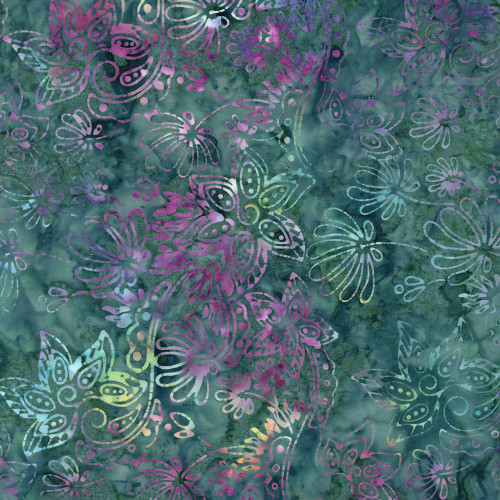 Timeless Treasures Fabrics Mayfair Tonga Batiks Wing and a Prayer Emboss Green Leather Flowers