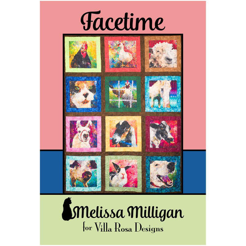 Villa Rosa Designs Facetime Quilt Pattern, colorful quilt block design featuring various dog and cat portraits.