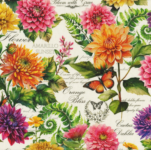 Wilmington Prints Dahlia Botanica 108 Inch Wide Quilt Back Dahlias Butterflies Garden Script