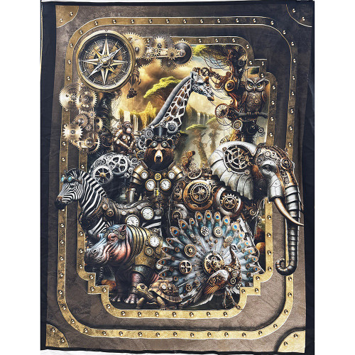 In The Beginning Fabrics Steampunk Menagerie by Jason Yenter Grey Gold Large Panel