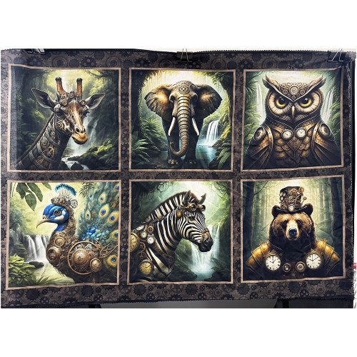In The Beginning Fabrics Steampunk Menagerie by Jason Yenter Grey Gold Small Panel