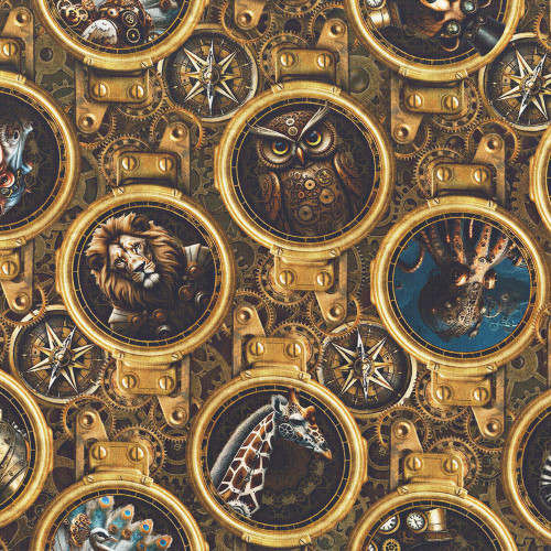 In The Beginning Fabrics Steampunk Menagerie by Jason Yenter, detailed fabric with steampunk-inspired animal portraits including a lion, giraffe, owl, rabbit, and more, surrounded by gears and clock elements in gold, grey, and bronze tones.