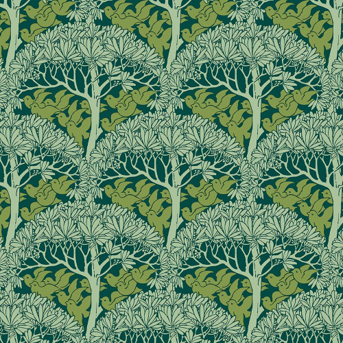 FreeSpirit Fabrics Bedford Park by William Morris & Co The Savric Forest, detailed pattern with green trees and birds on dark background.
