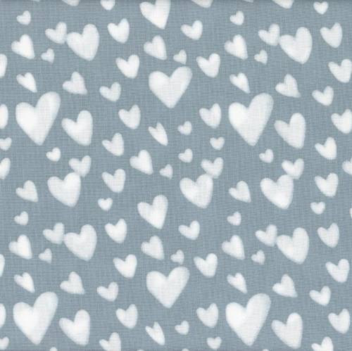 FreeSpirit Fabrics Love Letters by Club Hauer Cloud Hearts Blue, fabric with white heart patterns on a blue background.