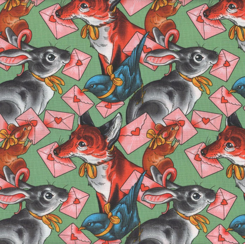 FreeSpirit Fabrics Love Letters by Club Hauer Pen Pals Multi fabric, colorful pattern with illustrated rabbits, foxes, birds with love letters and hearts on a green background.