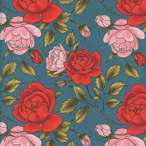 FreeSpirit Fabrics Love Letters by Club Hauer Roses Are Falling Teal fabric, floral pattern with red and pink roses and green leaves on teal background.