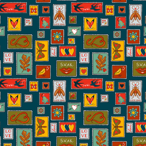 FreeSpirit Fabrics Love Letters by Club Hauer Postage Stamps Teal