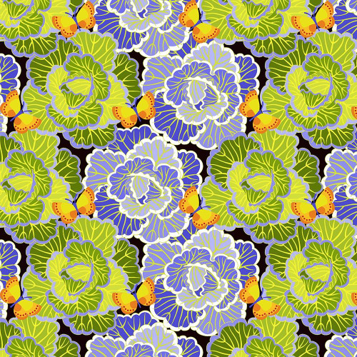 FreeSpirit Fabrics Vegetable Patch by Jane Sassaman Cabbage Peri, vibrant floral fabric pattern featuring large green and purple cabbages with orange butterflies.