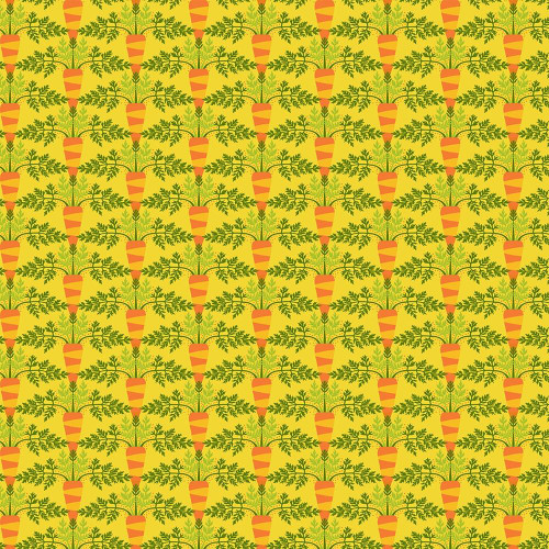 FreeSpirit Fabrics Vegetable Patch by Jane Sassaman SM Carrot Yellow, repeating pattern of stylized carrots with green leaves on a bright yellow background.
