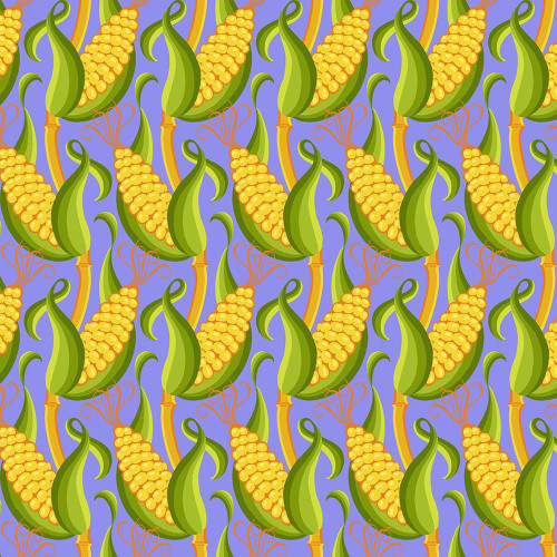 FreeSpirit Fabrics Vegetable Patch by Jane Sassaman Corn Blue, colorful botanical pattern with green corn husks and yellow corn on a blue background.