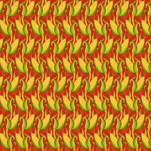 FreeSpirit Fabrics Vegetable Patch by Jane Sassaman SM Corn Red, colorful vegetable-themed fabric pattern with yellow corn and green leaves on a red background.