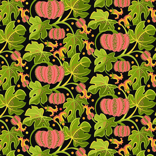 FreeSpirit Fabrics Vegetable Patch by Jane Sassaman Pumpkin Pink, a colorful fabric pattern featuring pink pumpkins, green vine leaves, and orange accents on a black background.
