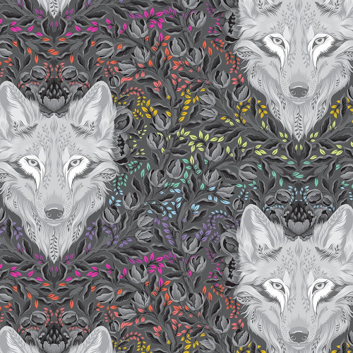 FreeSpirit Fabrics Graywork by Tula Pink Wolf of Pink Street Carbon, detailed illustration of howling wolf faces surrounded by floral patterns in shades of gray, black, and vibrant pops of pink, yellow, green, blue, and purple.