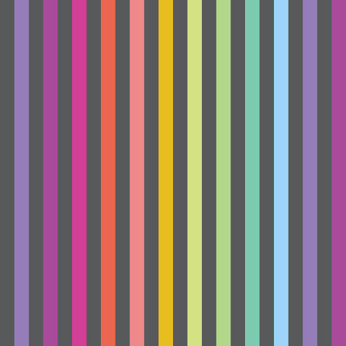 FreeSpirit Fabrics True Colors Graywork by Tula Pink Disco Stripe Carbon, colorful fabric with multicolored vertical stripes in shades of purple, pink, orange, yellow, green, and blue.