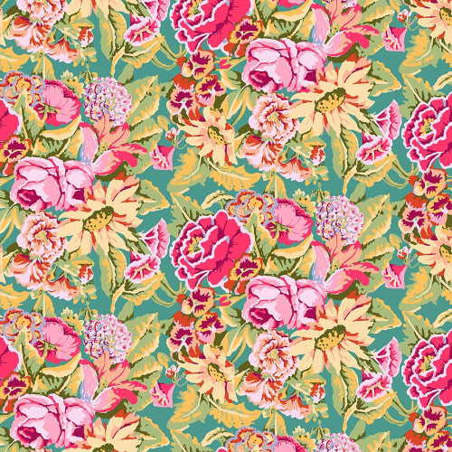 FreeSpirit Fabrics From the Archives by Kaffe Fassett Floral Dance Pink, floral fabric pattern with large pink, red, and cream flowers, green leaves, and yellow accents on a teal background.