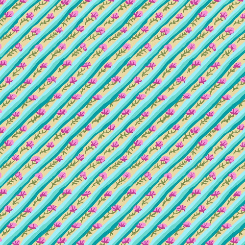 FreeSpirit Fabrics From the Archives by Kaffe Fassett Diagonal Poppy Duck Egg, floral fabric with pink poppies and green leaves on blue and cream diagonal striped background.