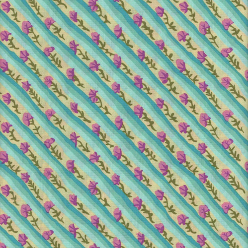 FreeSpirit Fabrics From the Archives by Kaffe Fassett Diagonal Poppy Duck Egg, colorful fabric with purple poppy flowers and green leaves on a striped yellowish background.