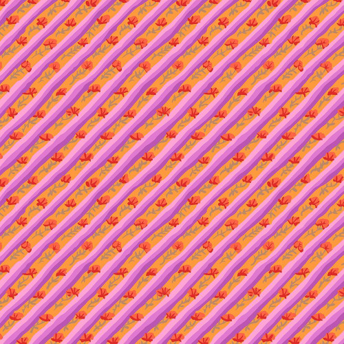 FreeSpirit Fabrics From the Archives by Kaffe Fassett Diagonal Poppy Lavender, a colorful fabric with diagonal stripes of floral patterns in red, pink, purple, and orange hues.