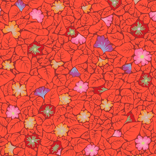 FreeSpirit Fabrics From the Archives by Kaffe Fassett Leaves Red, a vibrant fabric pattern featuring red autumn leaves with scattered pink, purple, orange, and green floral accents.