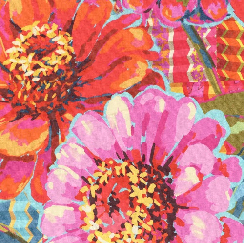 FreeSpirit Fabrics Festival by Odile Bailloeul Giant Zinnias Pink 108 inch Wide Quilt Back, colorful floral fabric featuring large pink and orange zinnia flowers with detailed petals and centers.