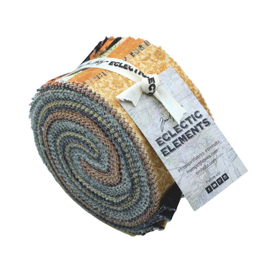 FreeSpirit Fabrics Seasonal Palette Halloween by Tim Holtz Design Roll Jelly Roll Fabric Strips, a bundle of colorful and patterned fabric strips tied with a ribbon.