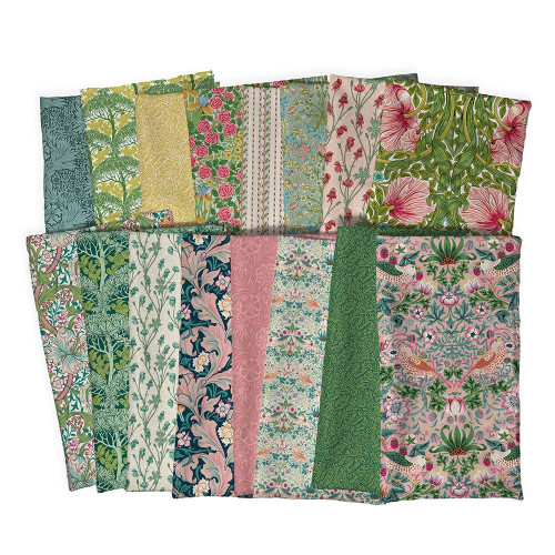 FreeSpirit Fabrics Bedford Park by William Morris & Co Bedford Park 20 Fat Quarters, a set of floral patterned fabric squares with diverse colors and intricate designs suitable for quilting and craft projects.