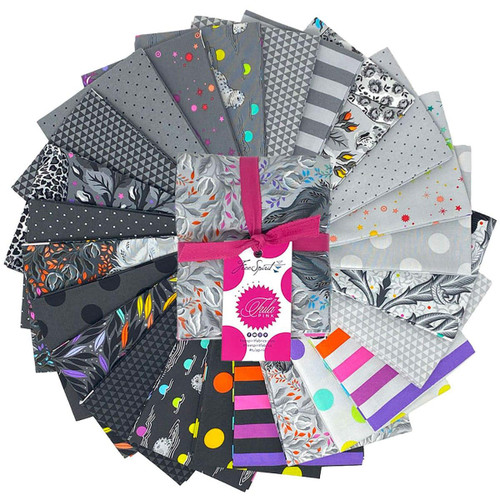 FreeSpirit Fabrics Graywork by Tula Pink Graywork 24 Fat Quarters, a collection of gray and multicolored fabric squares with various patterns including geometric, floral, and polka dots.