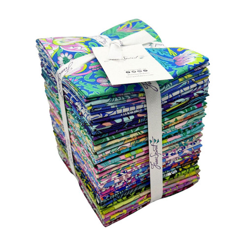 FreeSpirit Fabrics Kaffe Fassett William Morris 32 Fat Quarters, colorful fabric bundle with floral and intricate patterns, neatly folded and tied with a white ribbon.