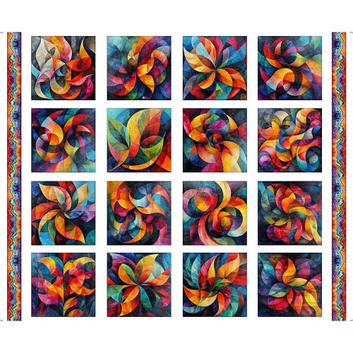 Quilting Treasures Fabrics Bedazzled by Dan Morris Black Orange Red Blue Fractal Block Patch Panel, colorful abstract fractal block pattern quilt panel.