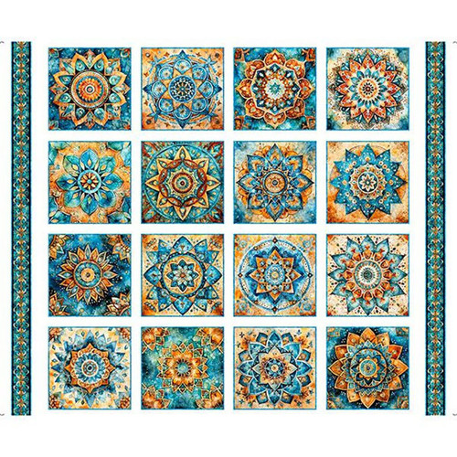 Quilting Treasures Fabrics Bohemian Sunrise by Dan Morris White Blue Tile Panel 36