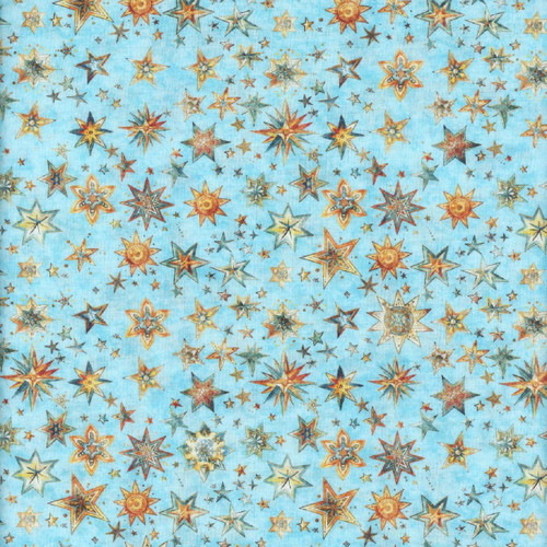 Quilting Treasures Fabrics Bohemian Sunrise by Dan Morris Aqua Blue Stars, fabric with a vibrant pattern of multicolored stars of various sizes on a light blue background.
