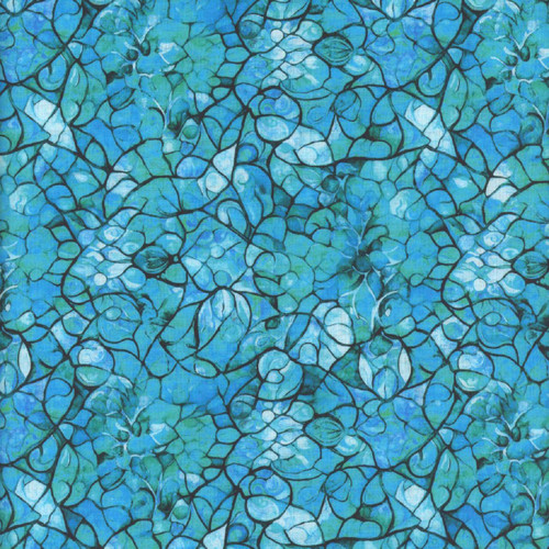 Quilting Treasures Fabrics Bohemian Sunrise by Dan Morris Blue Aqua Stained Glass, abstract stained glass pattern in shades of blue and aqua with black outlines.