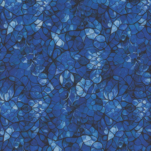 Quilting Treasures Fabrics Bohemian Sunrise by Dan Morris Royal Blue Stained Glass, vibrant textile with intricate stained glass inspired design in shades of blue with black outlines.