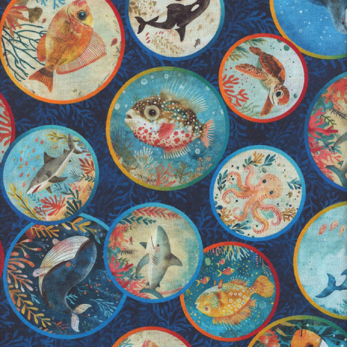 Quilting Treasures Fabrics Aquatic Adventures by Dan Morris Navy Blue Fish Medallions