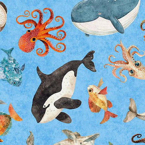 Quilting Treasures Fabrics Aquatic Adventures by Dan Morris Blue Sea Creatures, underwater scene with various colorful ocean animals including a whale, orca, fish, octopus, and dolphin.