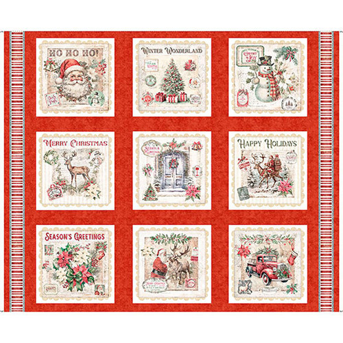 Quilting Treasures Fabrics Holly Jolly by Dan Morris Christmas Ephemora Panel, a festive fabric panel featuring Christmas-themed illustrations and holiday greetings.