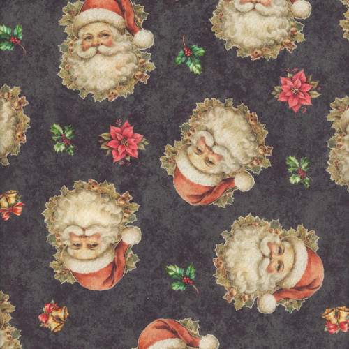 Quilting Treasures Fabrics Holly Jolly by Dan Morris Black Grey Tossed Santa Claus, fabric with vintage Santa Claus faces, poinsettia flowers, holly leaves, and festive decorations on a dark grey background.