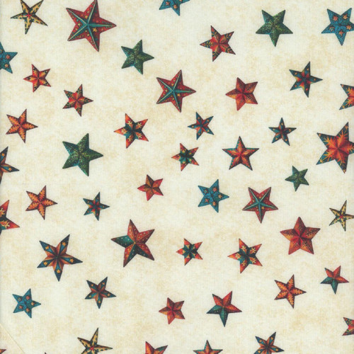 Quilting Treasures Fabrics Santa's Workshop Cream Monrovian Stars, colorful star-print quilting fabric with multicolored stars on a cream background.