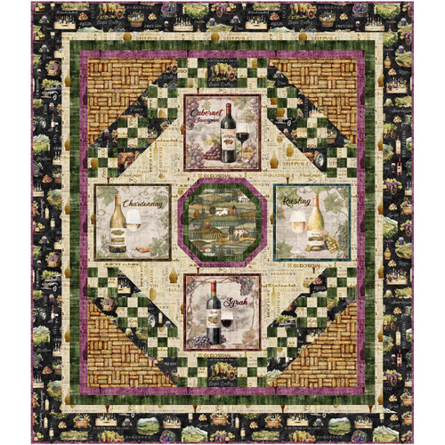 Quilting Treasures Fabrics Cork and Barrel by Dan Morris Wine Tasting Tour Quilt Kit, colorful quilt with wine bottles, glasses, vineyards, and wine-related motifs.