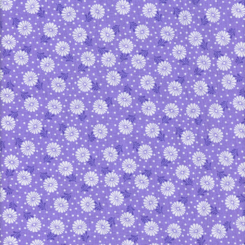 Benartex Fabrics Cozy Cats Cherry Guidry Sunshine Zinnia Violet, purple floral fabric pattern with white daisies and small purple flowers.
