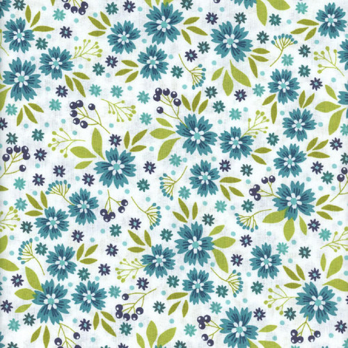 Benartex Fabrics Among the Wildflowers II Shelley Cavanna Poppies Aqua, fabric featuring a pattern of blue poppies, green leaves, and small navy and teal floral accents on a white background.
