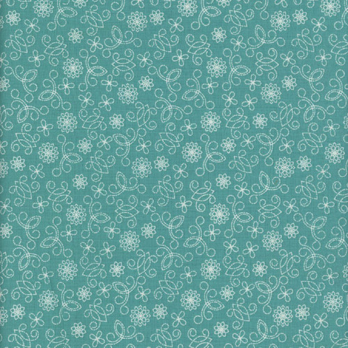 Benartex Fabrics Among the Wildflowers II Shelley Cavanna Tin Lantern Teal, fabric featuring intricate white floral and swirl embroidery patterns on a teal background.