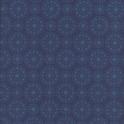 Benartex Fabrics Among the Wildflowers II Shelley Cavanna Meadowsweet Indigo, fabric featuring a detailed blue floral pattern on a dark indigo background.