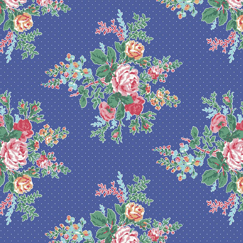 Riley Blake Fabrics Simple Pleasures American Jane Floral Blue, floral fabric pattern with pink, yellow, and orange flowers, green leaves, and small white polka dots on a blue background.