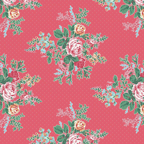 Riley Blake Fabrics Simple Pleasures American Jane Floral Raspberry, floral fabric pattern with pink background and colorful roses and green foliage.